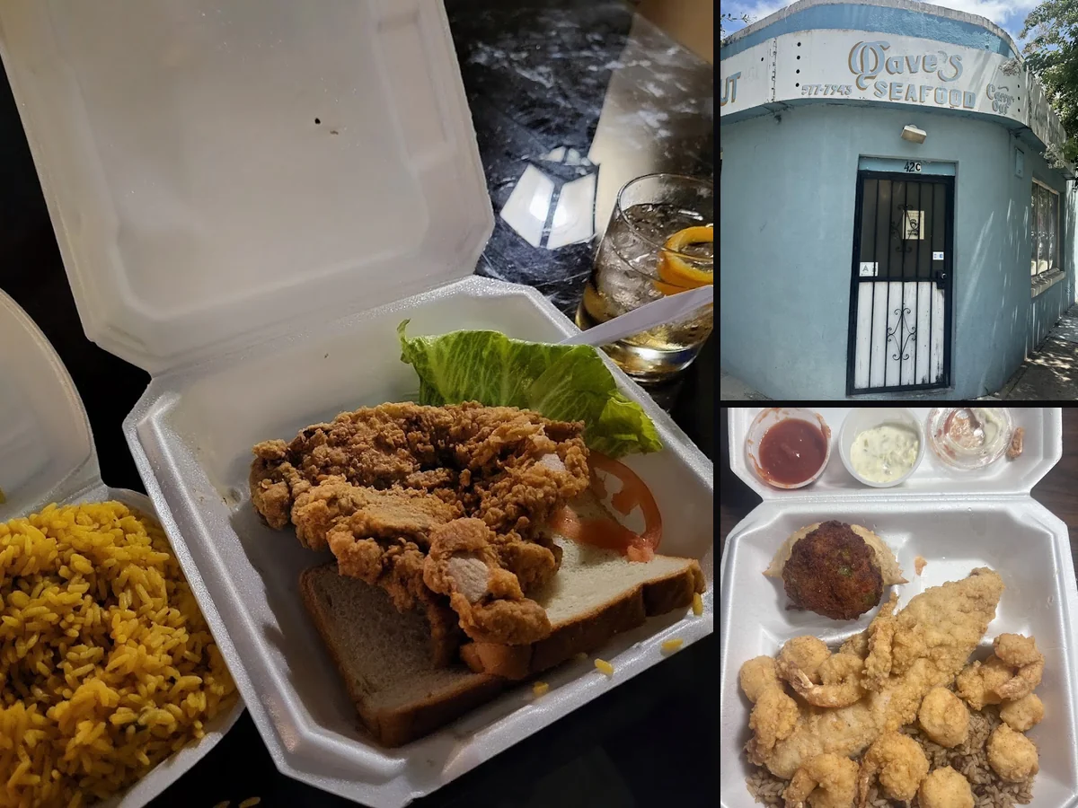 Seafood and soul-food dishes displayed for carry-out.