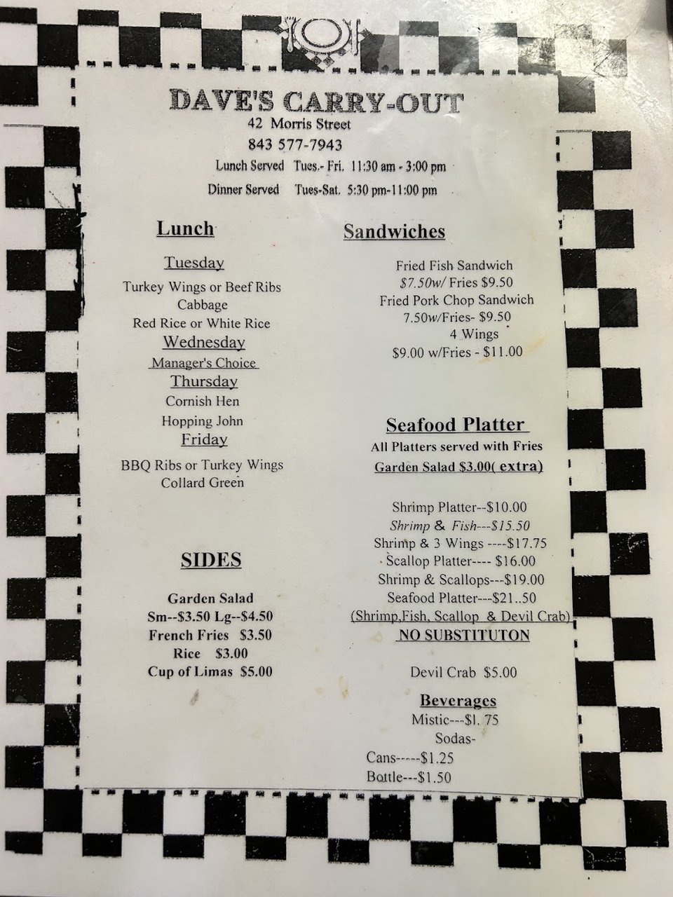 Printed specials list for Tuesday through Friday.
