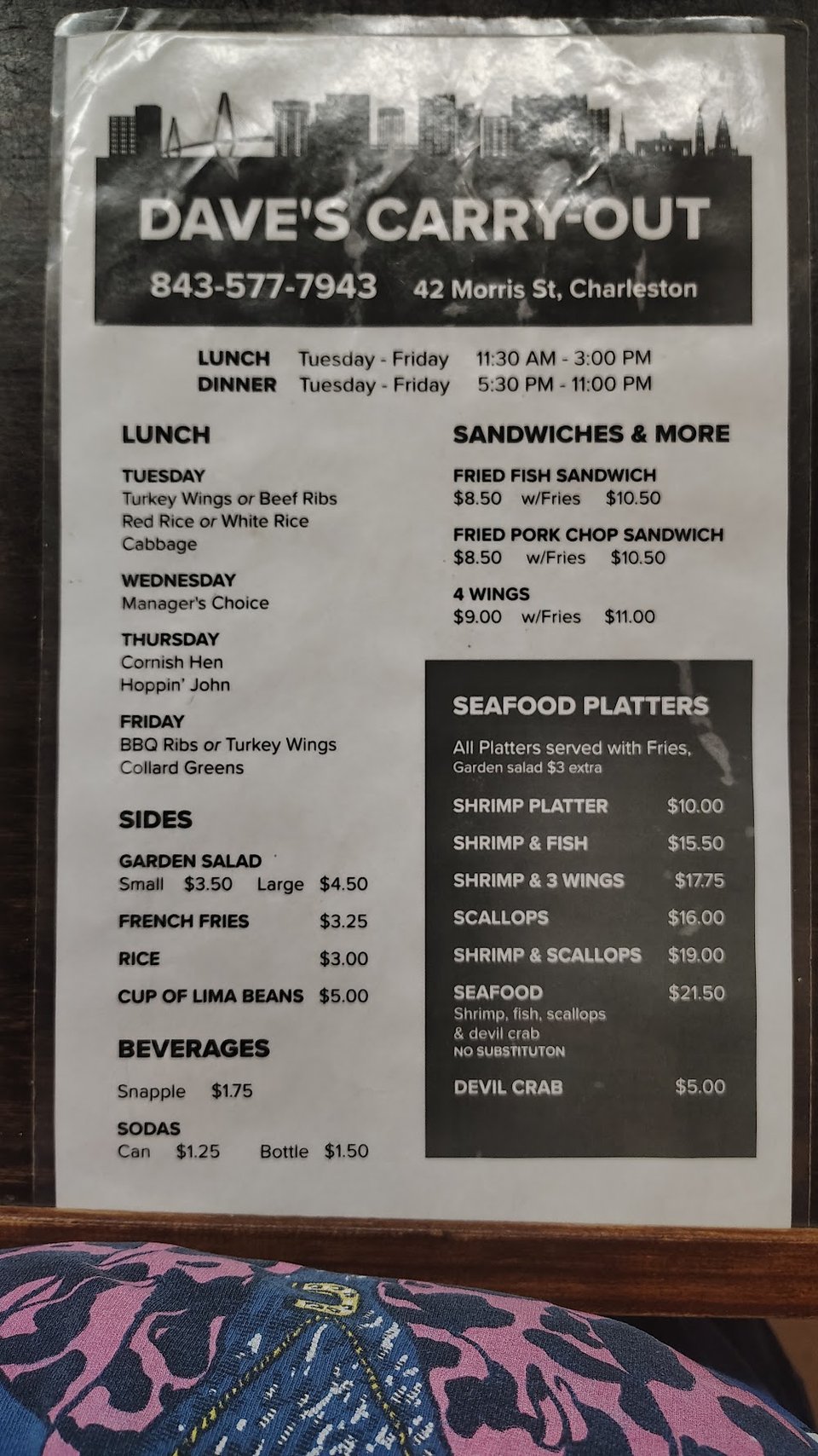Daily soul-food lunch choices on a wall menu.