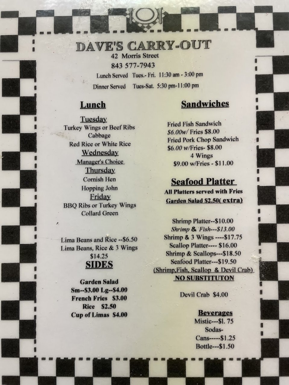 Takeout menu showing rice, greens, and rib plates.