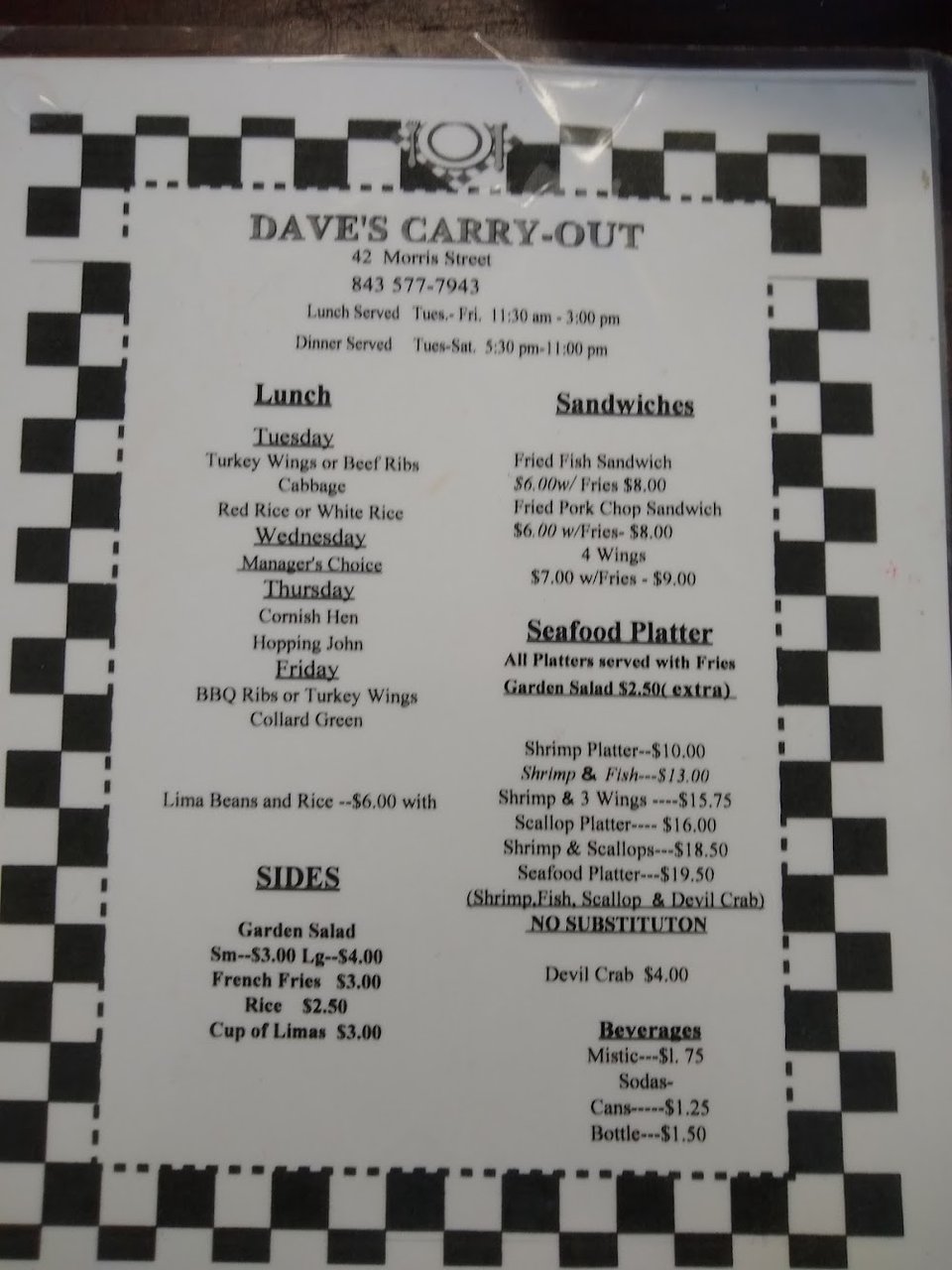 Lunch menu with daily plate specials.